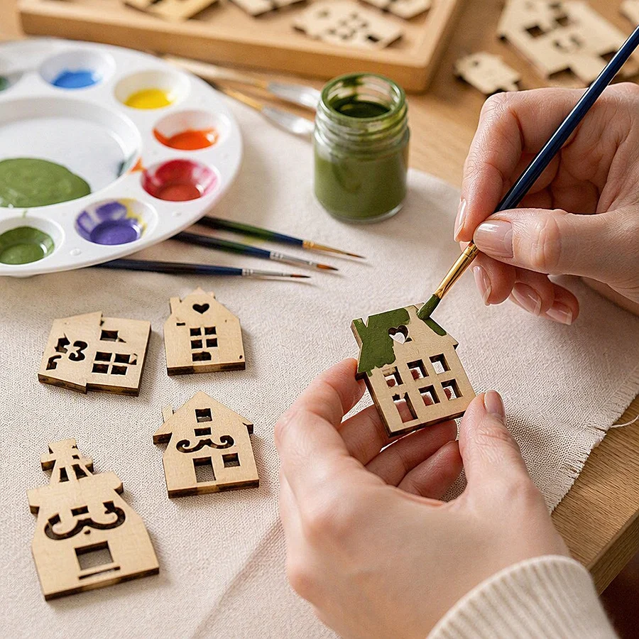 50Pcs Blank Wood Slices Hollow House Shapes DIY Painting Doodle Craft Wooden Ornament for Christmas Easter Wedding Decor