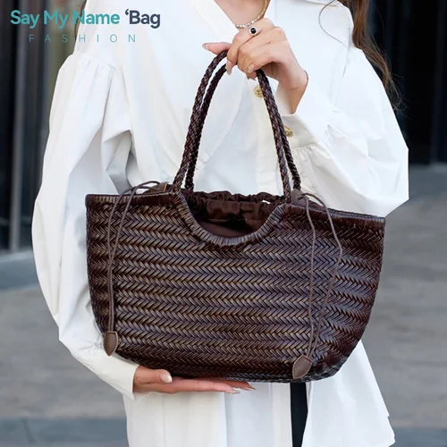 Bolso de cesta de verduras informal tejido a mano de cuero genuino con bolso interior tejido informal bolso de compras Vintage bolso de mano