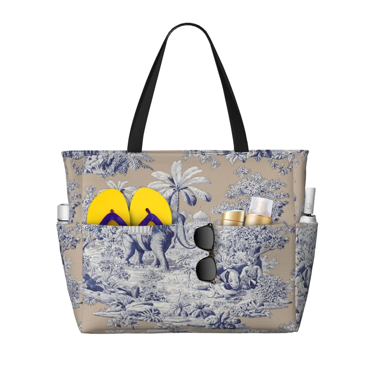 

Custom Navy Blue Toile De Jouy Elephant Motif Tote Bag for Women Big Capacity French Art Gym Beach Travel Bags
