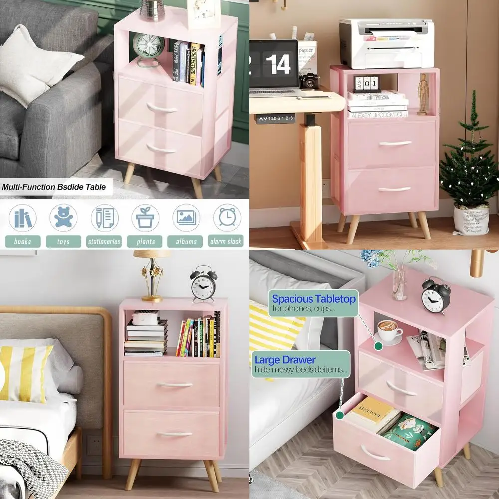 

Compact 2-Drawer Fabric Pink Nightstand, Wooden 3-Shelf End Table for Living and Bedroom Spaces