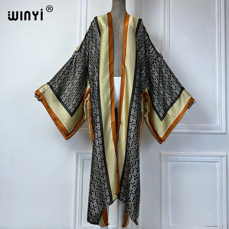 WINYI summer kimono Africa print beach cover up Swim Suit elegant African women boho Cardigan sexy Holiday silk feeling dress