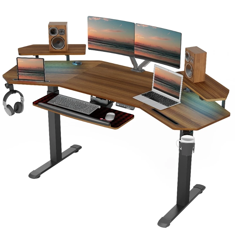 72'' Dual Motor Electric Standing Desk With Keyboard Tray Large Wing Shaped Studio Music Gaming Streaming Desk with LED Lights