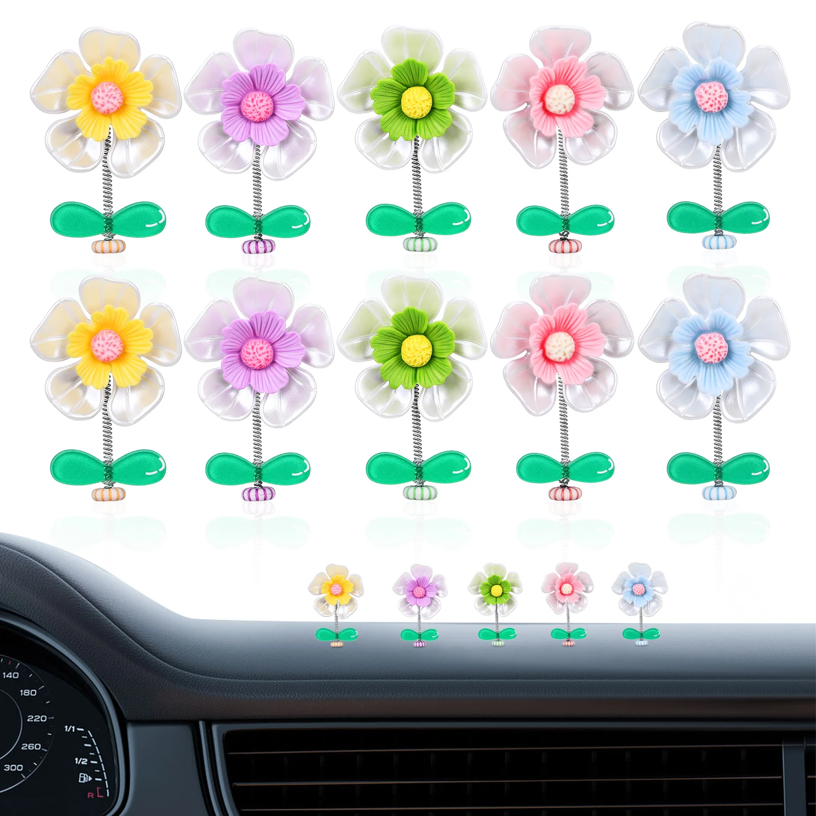 

10 pcs Car Ornaments Shaking Head Small Flower Plastic Dash Decoration Green Leaves Creative Car Dashboard Decorations Miniature