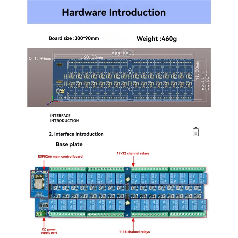โมดูลรีเลย์บลูทูธ ABSQ-WIFI พร้อมการควบคุม 32 ช่อง - บอร์ดพัฒนา DC Power ESP8266