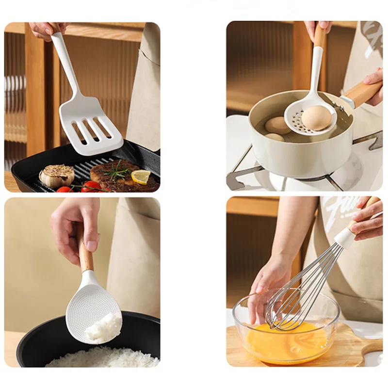 Food grade silicone cookware set white wooden handle silicone cookware high temperature resistant spatula soup spoon home cookin