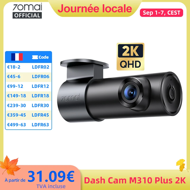 Caméra embarquée 70mai M310 Plus 2K 1440P 143 ° Caméra de voiture intelligente à commande vocale avec grande ouverture FOV f/1.55, surveillance de stationnement 24h/24, vision nocturne