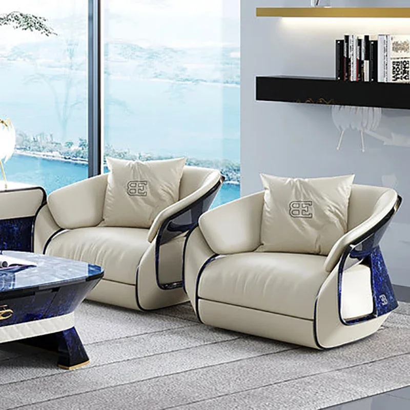 

Postmodern high-end light luxury villa leather sofa combination first floor high-end luxury Hong Kong-style living room