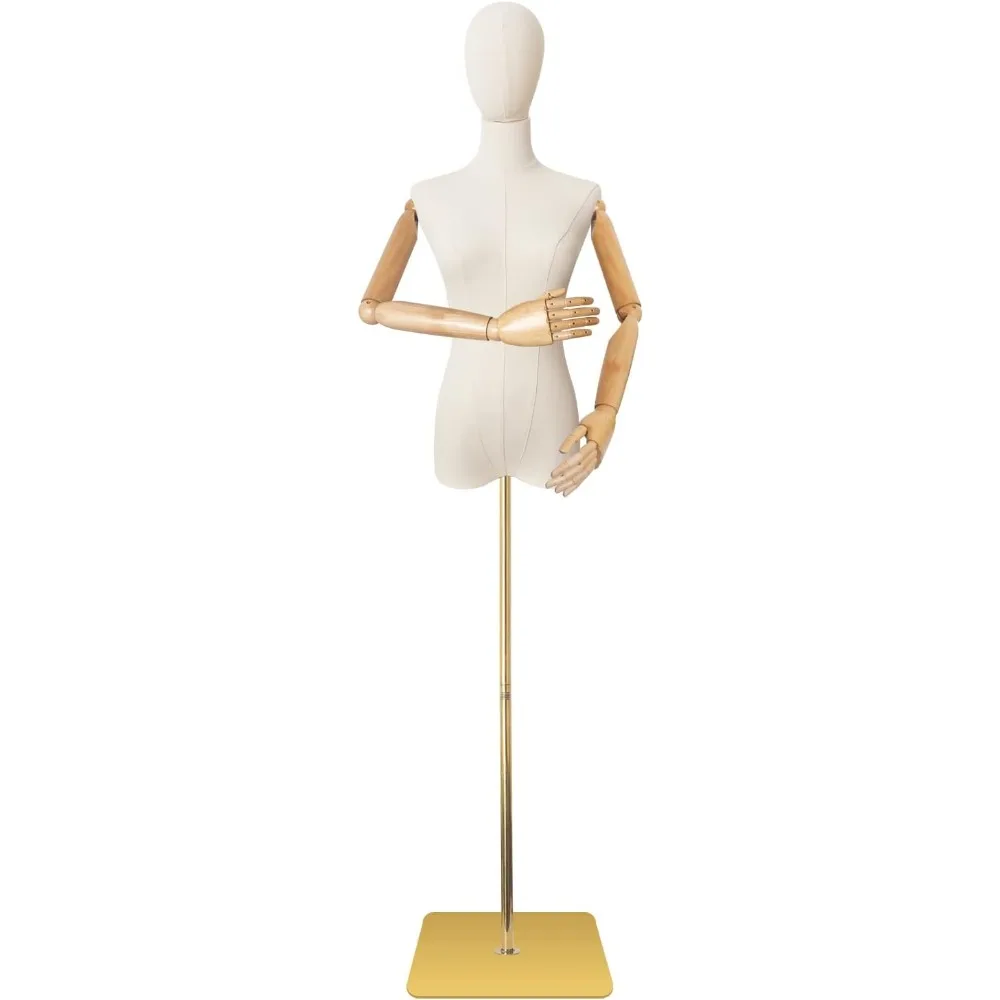 

Mannequin Body Female Dress Form Linen Fabric Manikin Torso with Detachable Head Adjustable Height Metal Stand