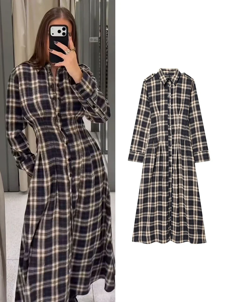 TFMLN レディース シャツ マキシドレス 秋 カジュアル 長袖 ラペル ボタンアップ チェック柄 レトロ スリム ロングドレス ファッション レディース