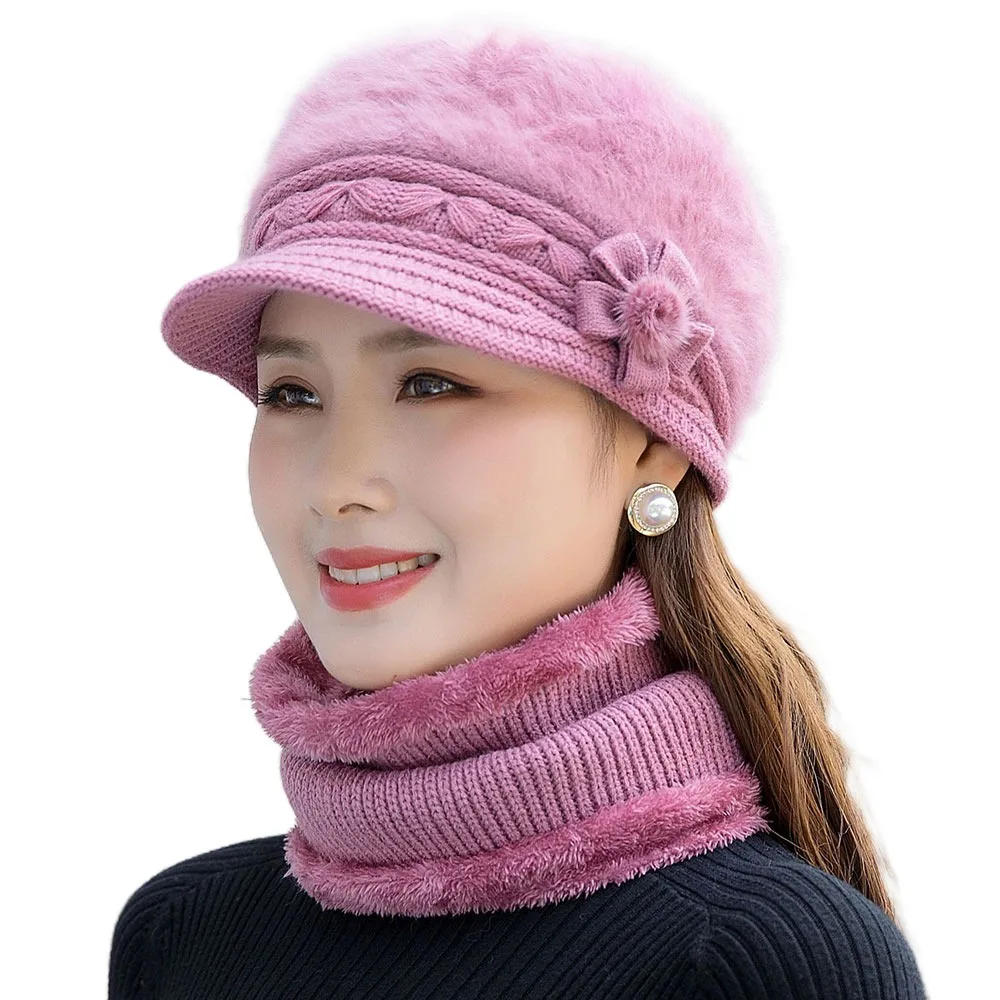 

New Thick Warm Hat & Scarf Warm Set Add Fur Lined Faux Fur Women Winter Hat Windproof Casual Flower Knitted Hat For Women