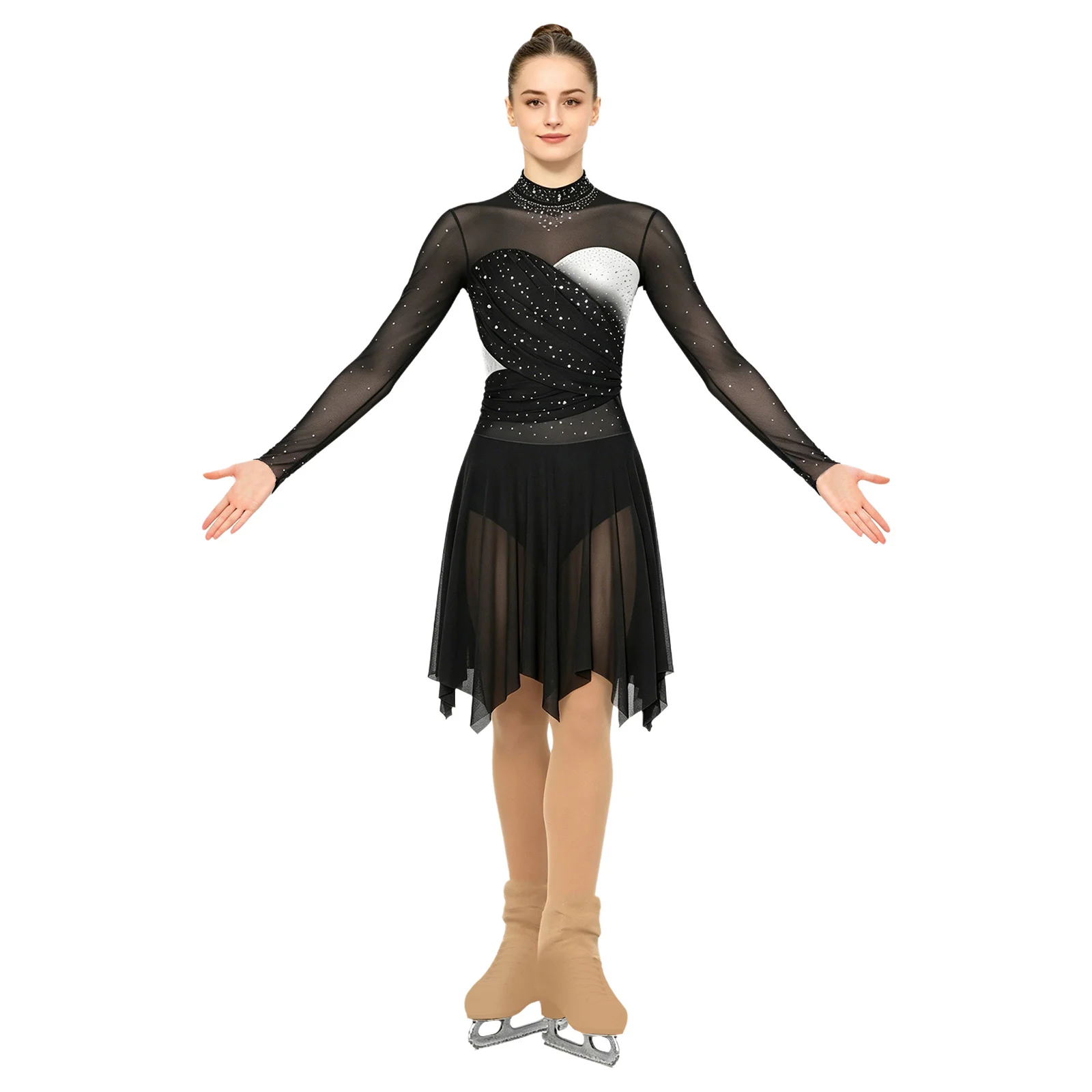 Damen Eiskunstlaufkleid Transparentes Netz Glänzender Strass-Bodysuit Kleider Ballett Tanz Gymnastik Akrobatik Performance Tanzkleidung