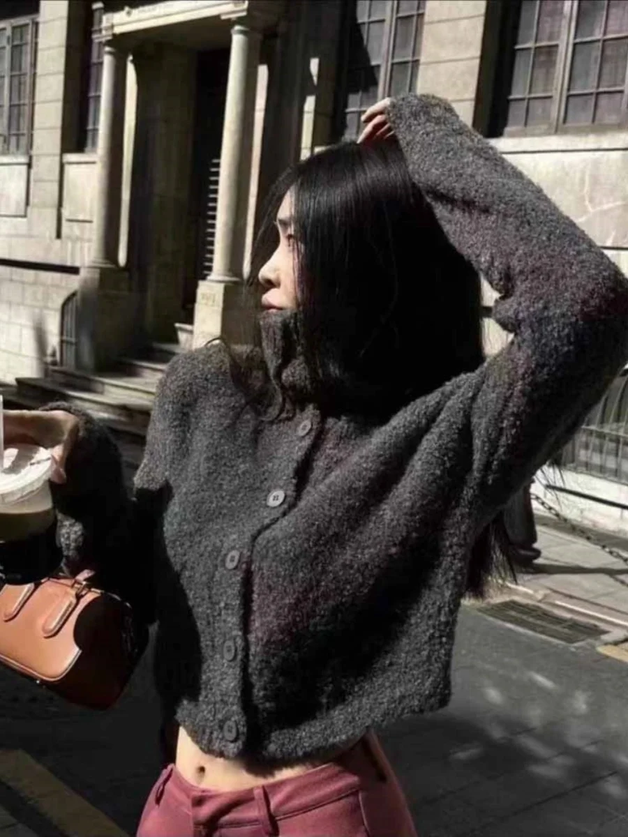 

Winter Short Knitted Sweater Female Rich Girl Tea System Fufu Style Warmth Commute Pure Color Stand Collar Belted Long Sleeve