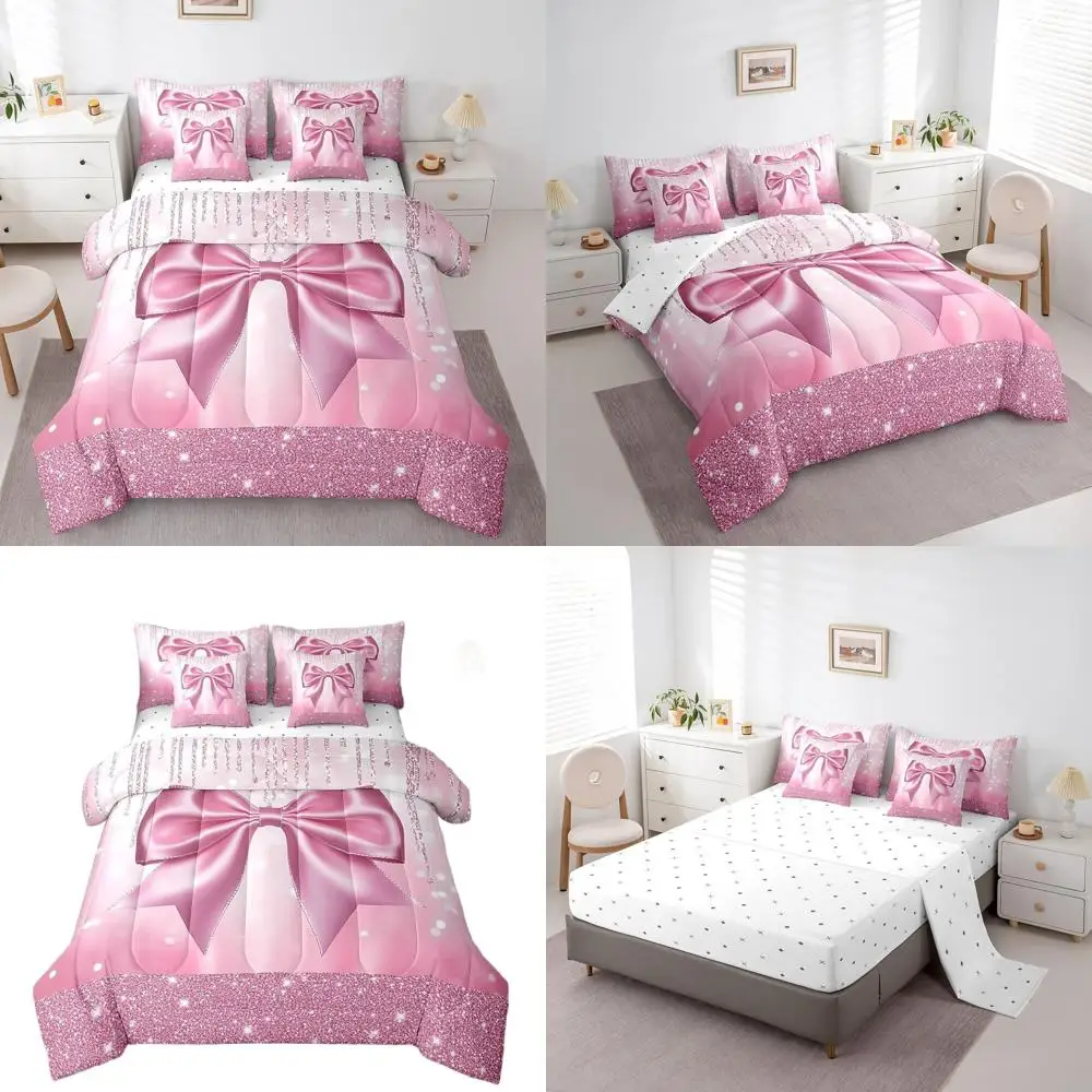 

Полноразмерный комплект постельного белья из 7 предметов с розовым бантом для детей — блестящее одеяло принцессы с простынями, идеально подходит для мальчиков и девочек, акварель