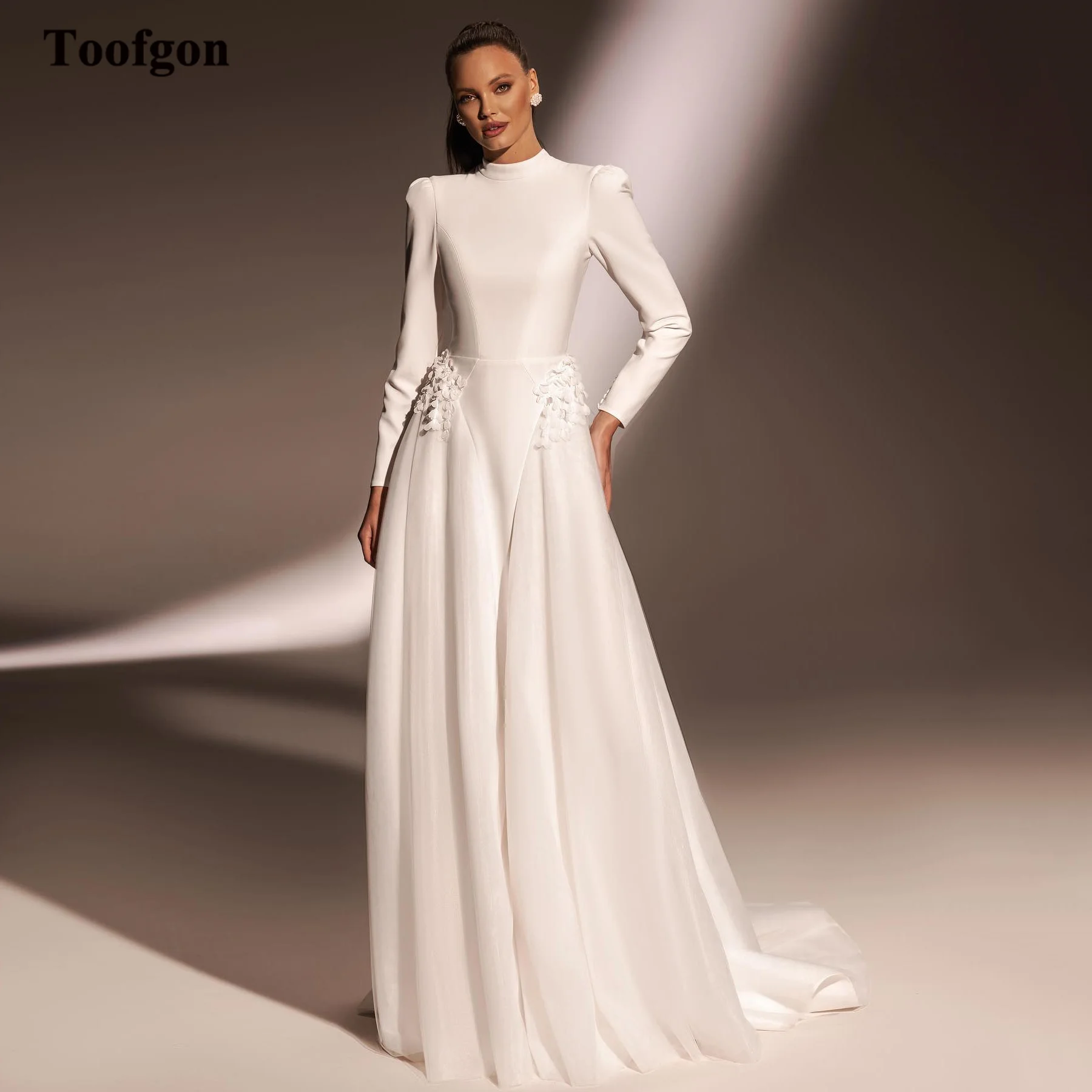 

Toofgon A Line Matte Satin Wedding Dresses Long Sleeves High Neck Flowers Appliques Bridal Gowns Women Party Formal Bride Dress