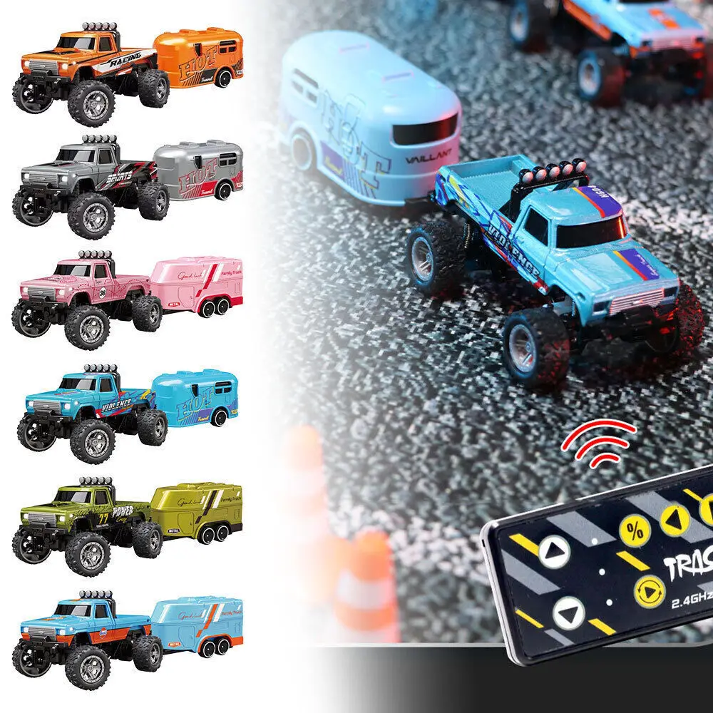 1:64 Scale Alloy Mini RC Monster Truck with Trailer Remote Control Cars High Speed 200mAh LED Light Gift toys for Adults and Kid