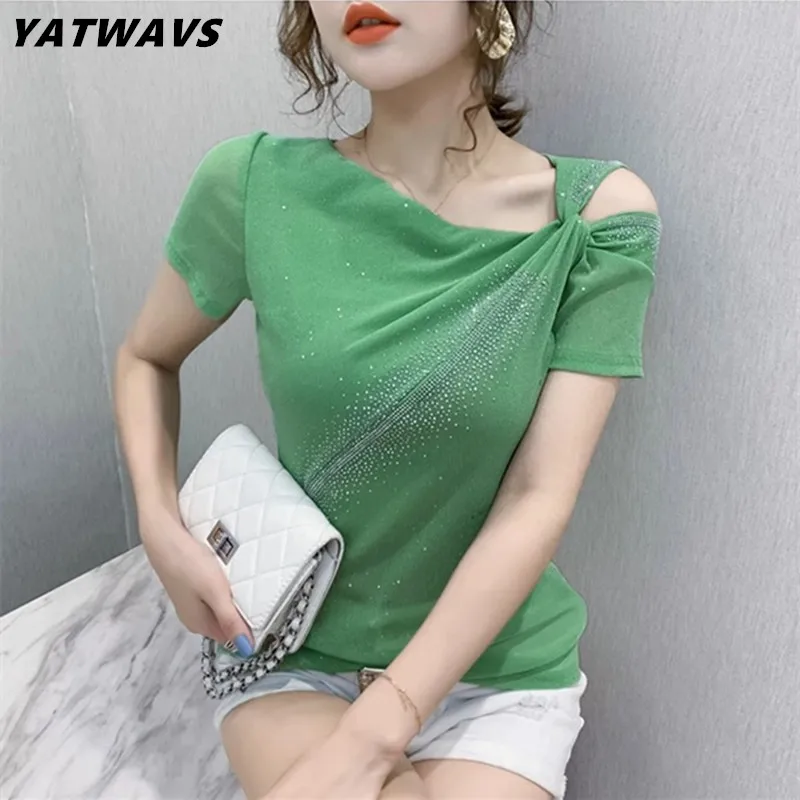 

New Summer European Girl T-Shirt Clothes Sexy Irregularity Off Shoulder Mesh Tees Chic Short Sleeve Shiny Diamonds Women Tops