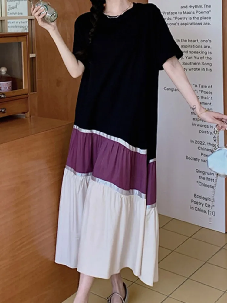 특대 Pletaed 패치 워크 T 셔츠 여성 드레스 여름 Striepd 빈티지 짧은 드레스 여성 한국 숙녀 드레스 Vestidos