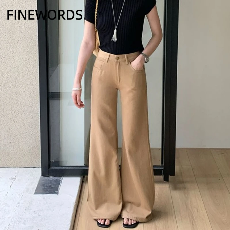 

FINEWORDS Women's High Waist Khaki Flare Jeans 2026 Bell Bottom Denim Pants Casual Loose Fit Full Length Trousers