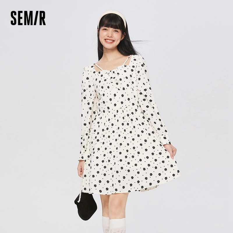 

Semir Dress Women Texture Fungus Edge Floral Dresses Temperament 2022 Autumn New Waist Square Collar Dress