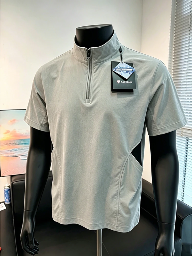 Ice Silk Quick Dry Short Sleeve T-Shirt Men's Summer Outdoor Fitness Sport Casual Stand Collar Color Block Large Size Half Sl...