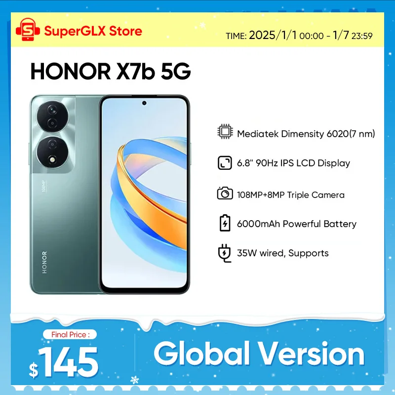 2024 HONOR X7b 5G Global Version Mediatek Dimensity 6020 6.8" 90Hz Refresh Rate Display 108MP Triple Camera 6000mAh Long Battery