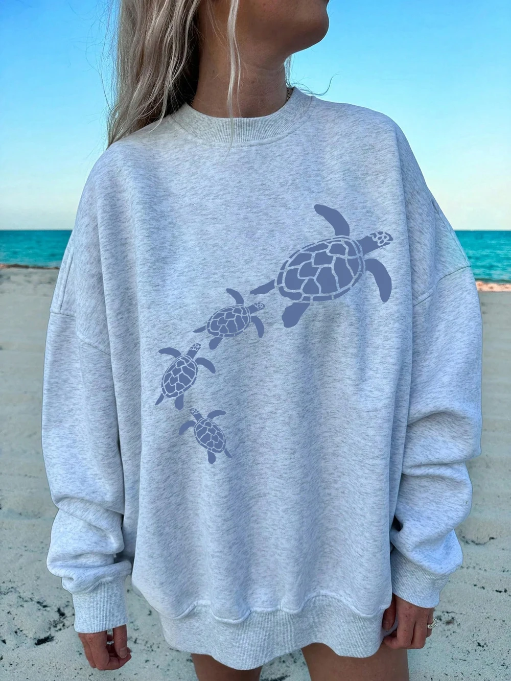 

Простые толстовки с принтом морских черепах, женские базовые толстовки с круглым вырезом, свободный флисовый теплый пуловер, зимняя удобная женская одежда