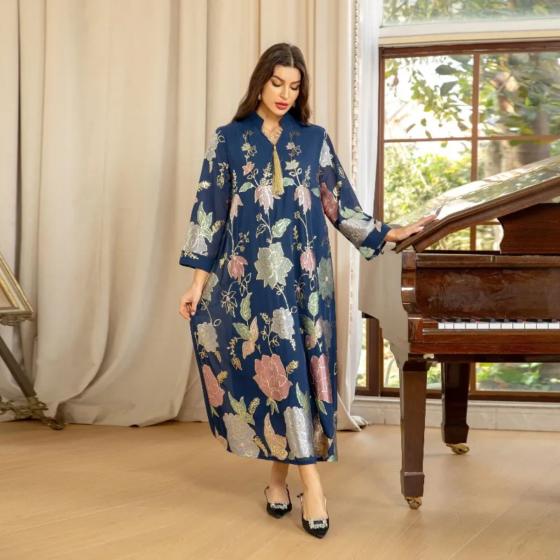 Muslim Embroidered  Kaftan Dubai Fashion Long Dress with Fringe Women