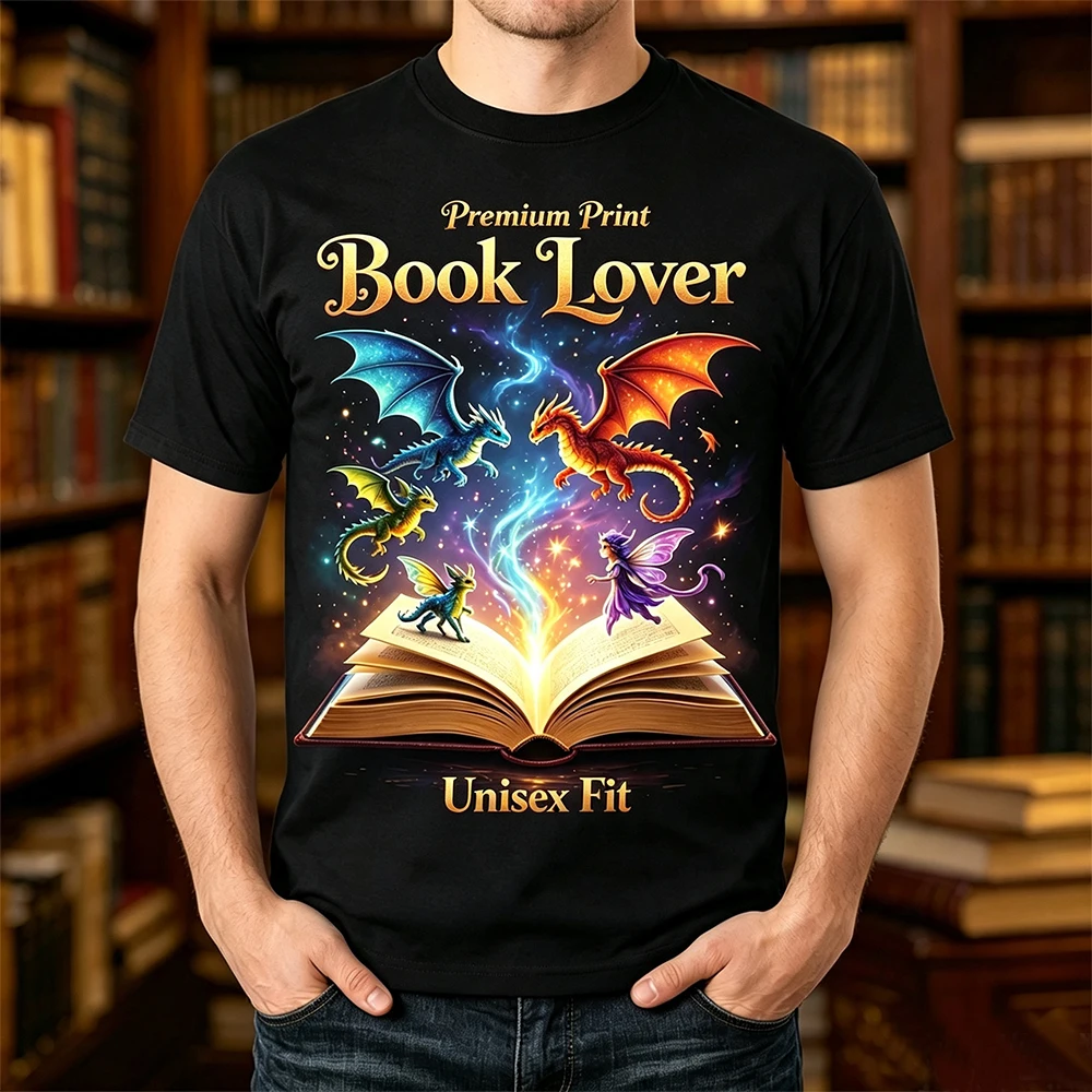 Book Lover Fantasy Art T-Shirt for Men Women Magical Dragons Fairy Coming From Open Magic Book Bookworm Gift For Reader Casual Tee