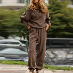 Fall Casual Solid Rib  2 Piece Set Women Zips Lapel Top Sweatshirt High Waist Pants Outfit Winter Long Sleeve Straight Suit 2025