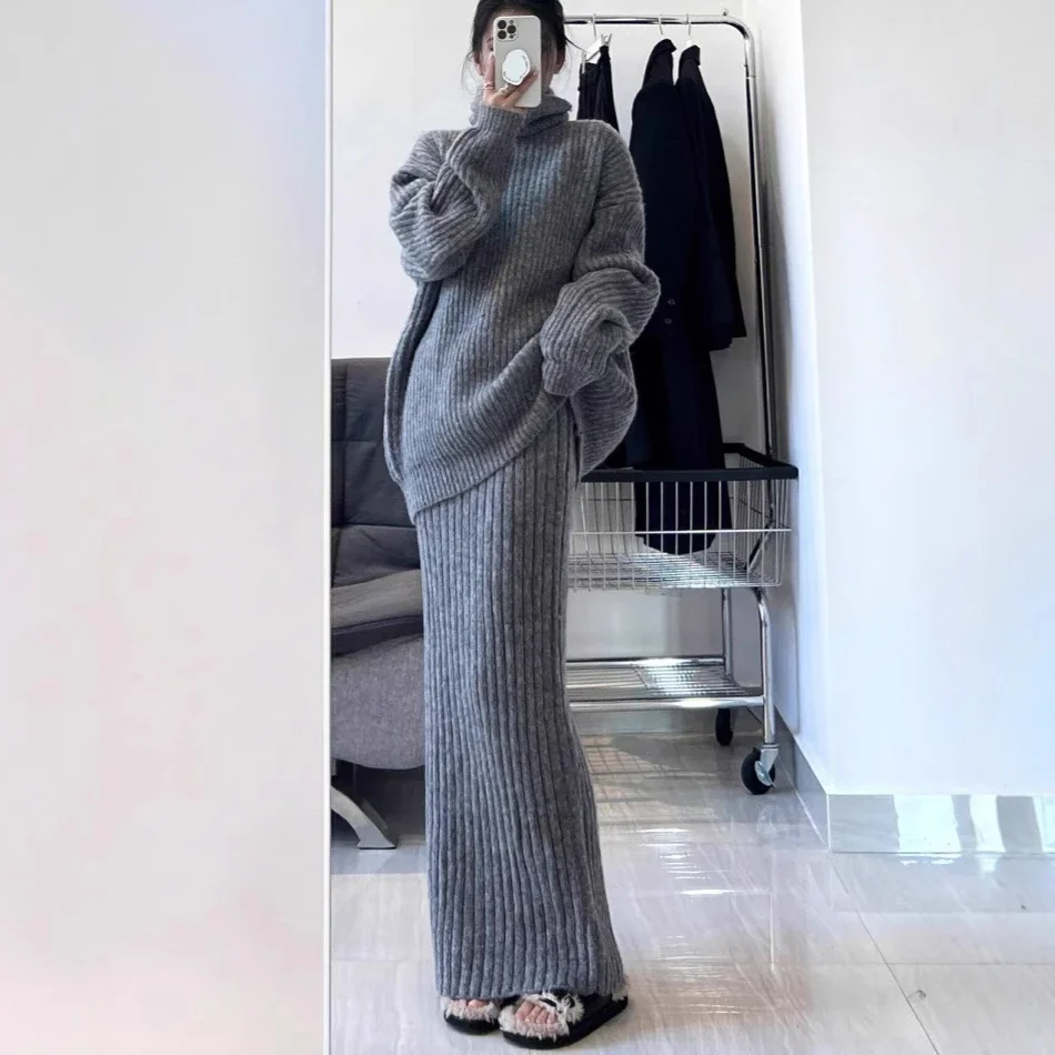 

Women Two Piece Set Sweater Elegant Loose Knitted Skirt Suit Autumn Winter Turtleneck Dress Sets Pullover Elastic Slim Skirt