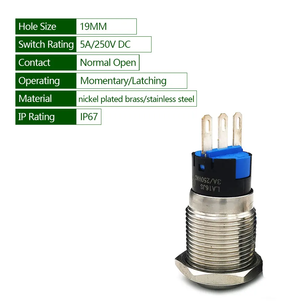 19mm High Round Head Momentary Latching Push Button Switch Stainless No Led Light Steel Nickel Plated Brass Metal Switches 3Pin