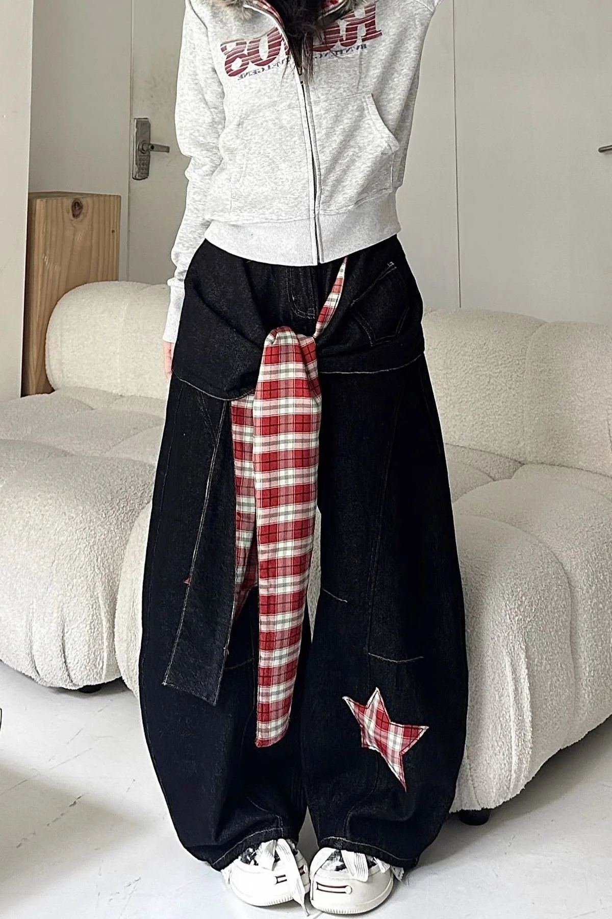 

American Vibe Washed Star Pattern Scimitar Jeans Women'S Spring Summer New Street Butt Curtain Design Wide Legs Sliding Trousers