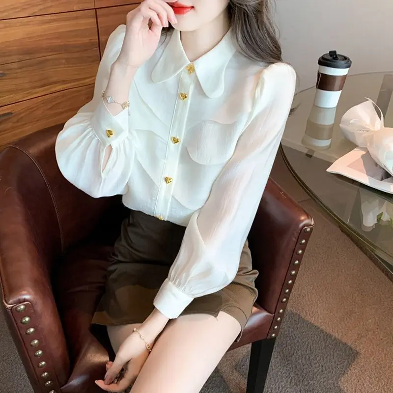 Stylish Patchwork Asymmetrical Blouse Solid Color Female Clothing Single-breasted Spring Autumn New Sweet Peter Pan Collar Shirt