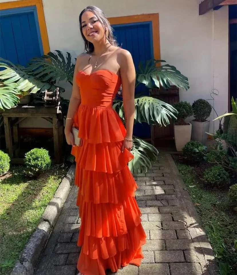 Ryanth Orange Tulle Prom Dresses Sweetheart Sleeveless Special Party Women Wear Long Tiered A Line Wedding Guest Dress