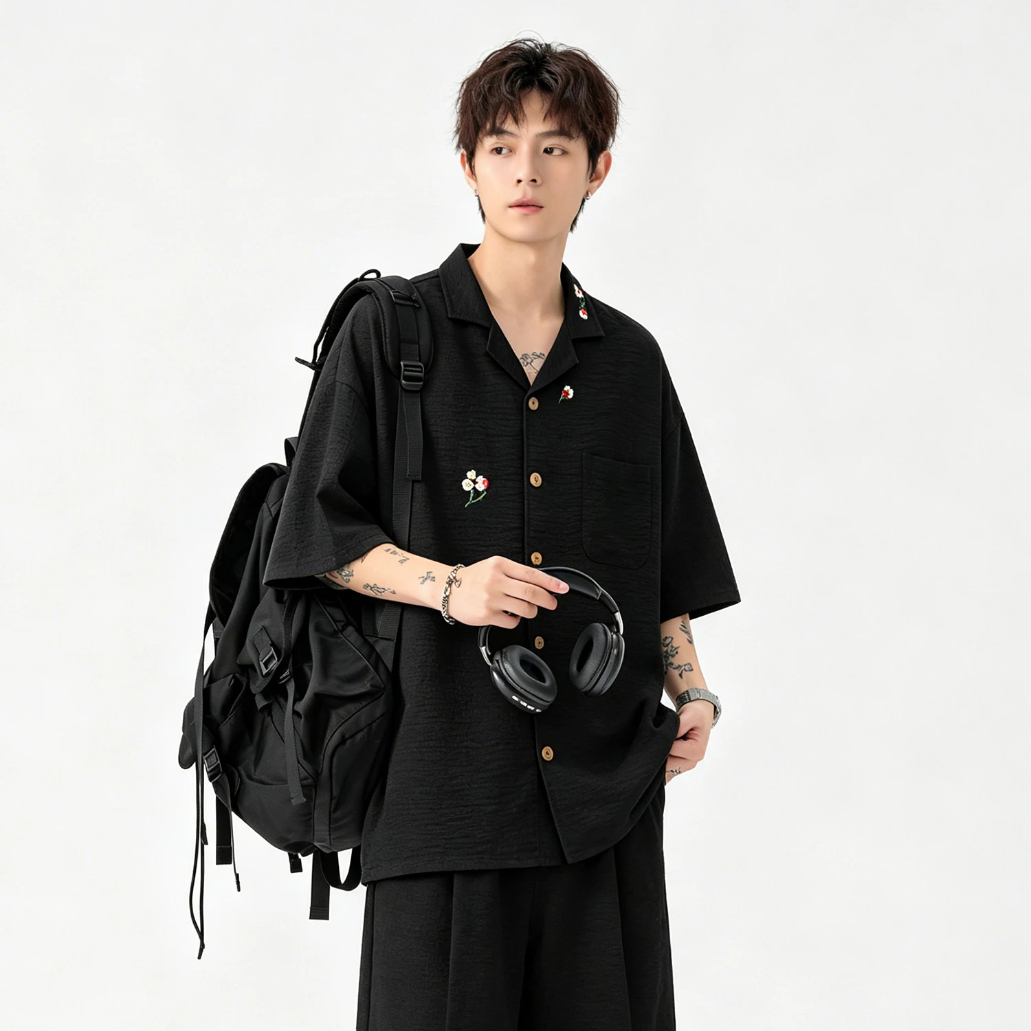 Men's Summer Fashion Embroidery Short Sleeve Shirt Casual Solid Pocket Beach Holiday Loose Shirts Mens Daily Work Versatile Top