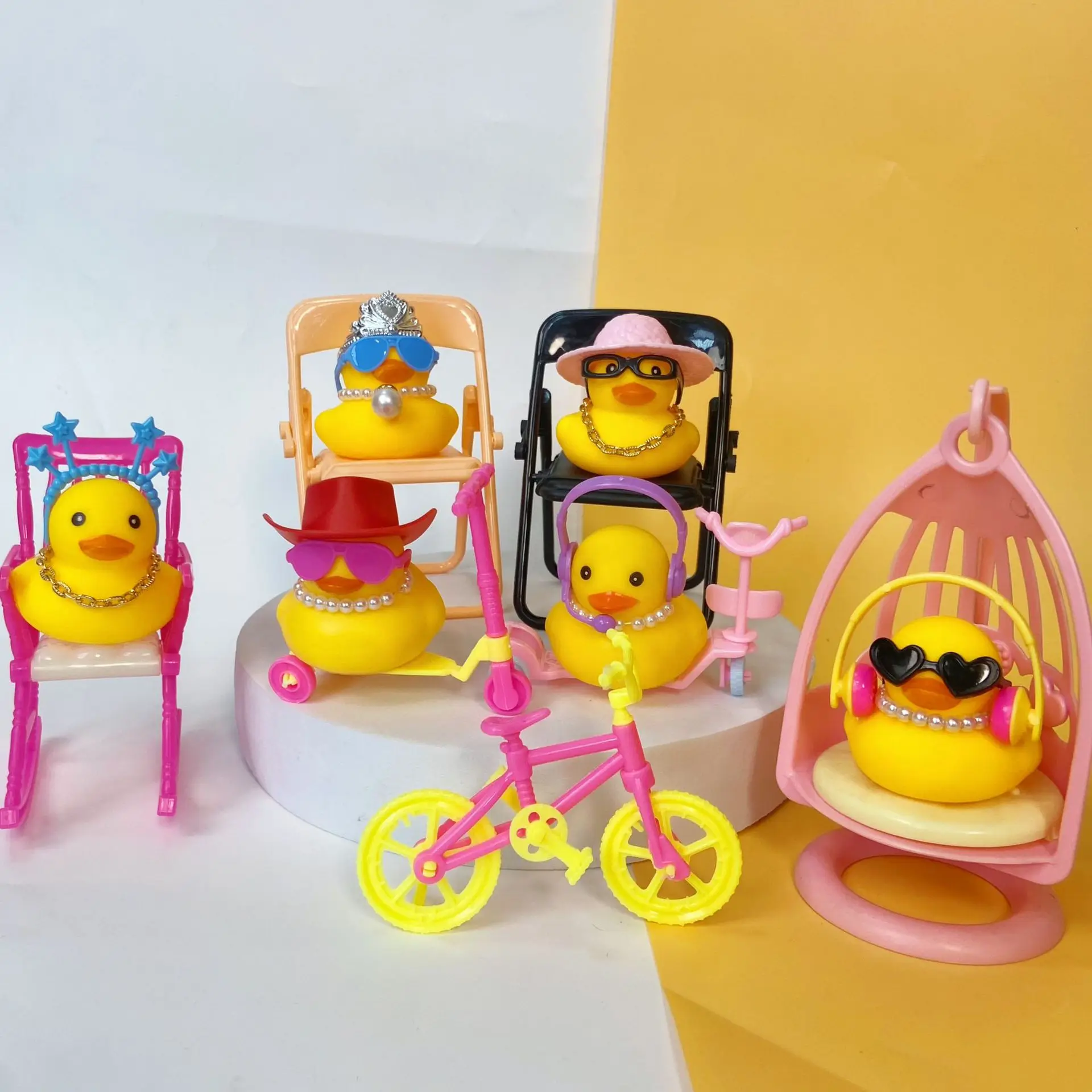 5Pcs Cute Mini Yellow Duck Accessories Kids Play House Toy Accessories Cartoon Rocking Chair Scooter Folding Chair Swimming Ring