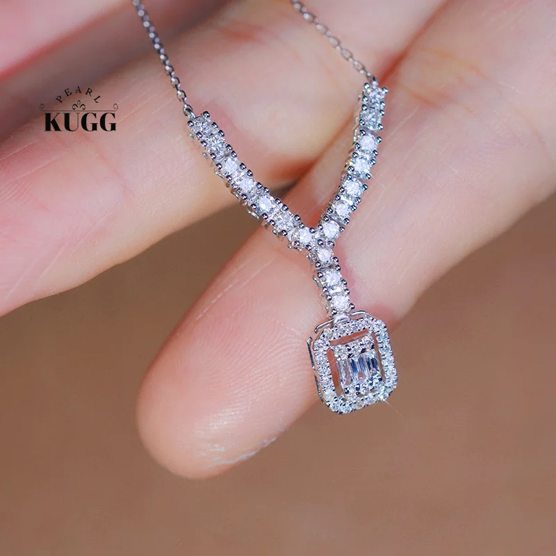 KUGG 100% 18K White Gold Necklace 0.70carat Real Natural Diamond Pendant Necklace for Women Fashion V-Shape High Wedding Jewelry