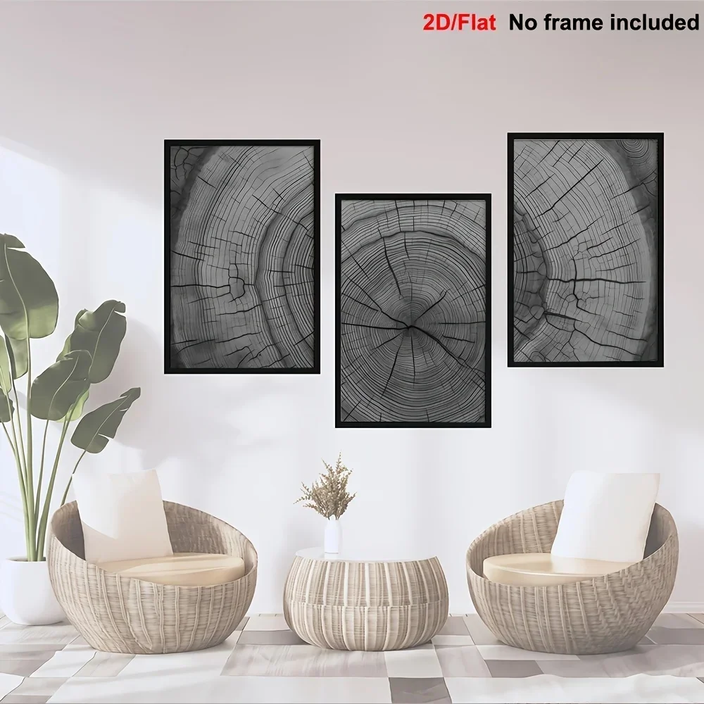 (No frame)2D Flat, 3pcs Frameless Wall Art, 2D Canvas Prints, Set of 3 Wall Decor Rings, Gray Tones, Bohemian Style Decor, Mo