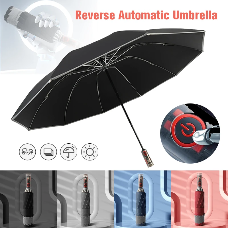 

Night Reflective Fully Automatic Anti-rebound Reverse Umbrella Ten-bones Wind Resistant Umbrella Adult Parasol for Car/Travel