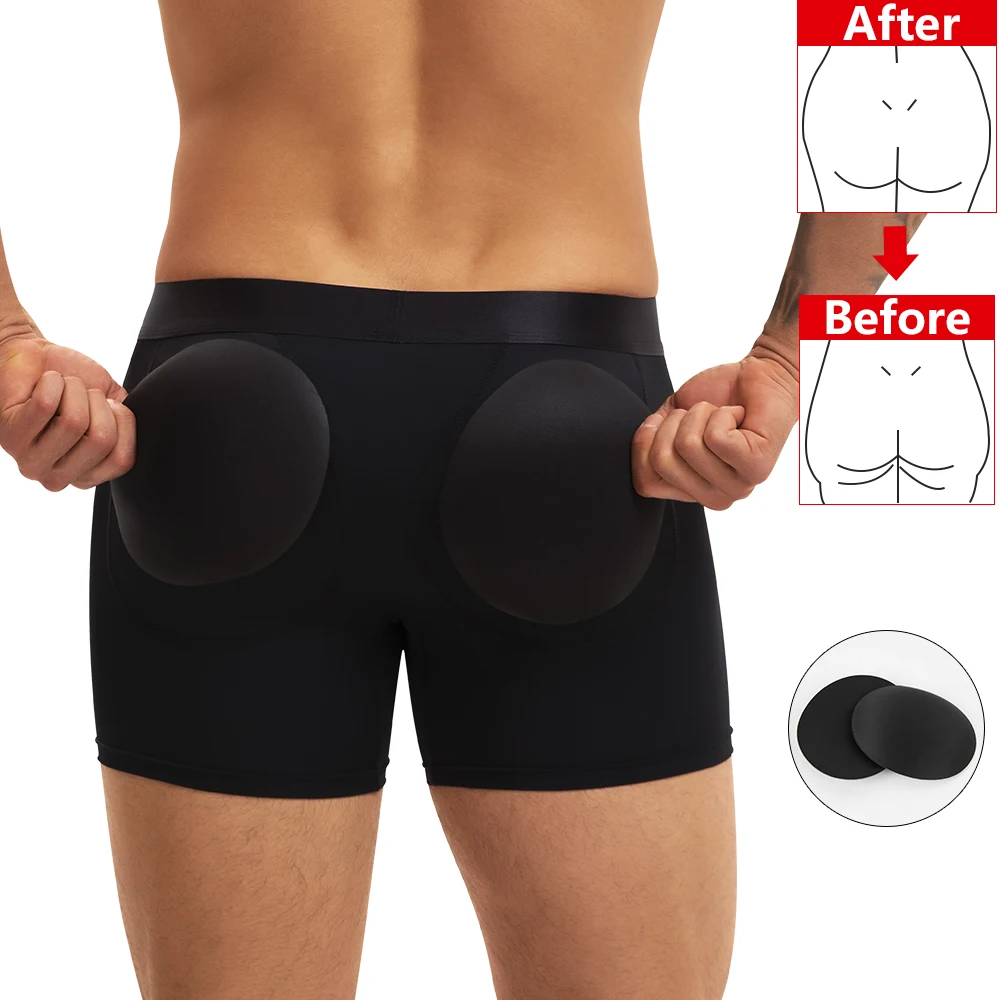 Men Butt Lifter Underwear 3D Pouch Boxer Briefs Antibacterial Auick-Drying Panties Shaper Removable Fake Butt Pad Black S-2XL