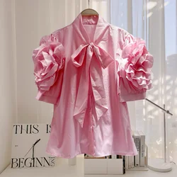 New 2024 Sweet Pink Blouse Women Bow Collar Ruffled 3D Flowers On Sleeve Summer Thin Shirt Loose Top Female Multi Colors 44915