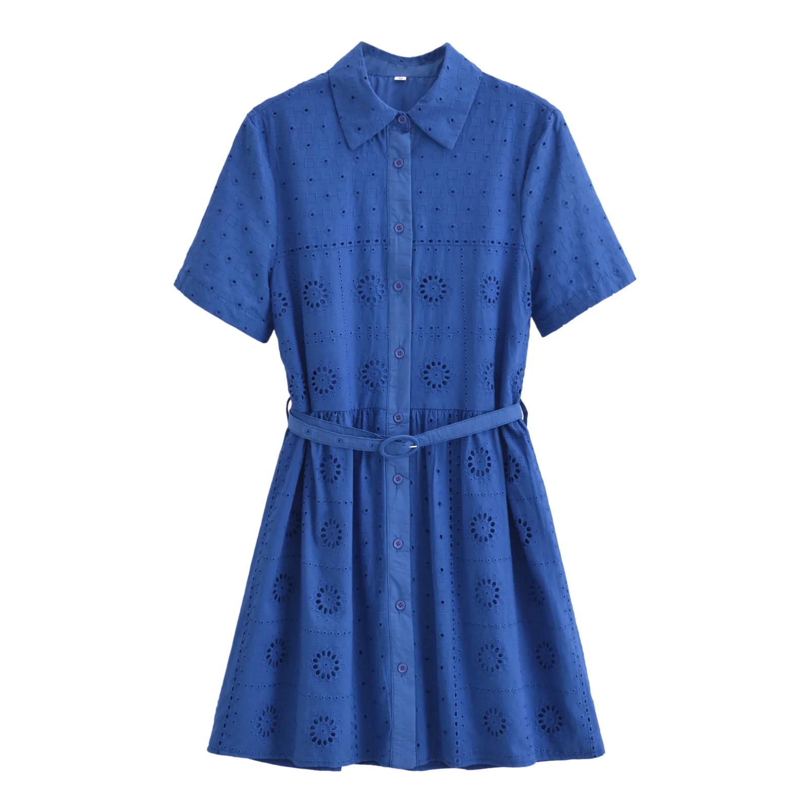 French platycodon hollow embroidery lapel with belt short-sleeved dress for women fashionable and versatile holiday dress