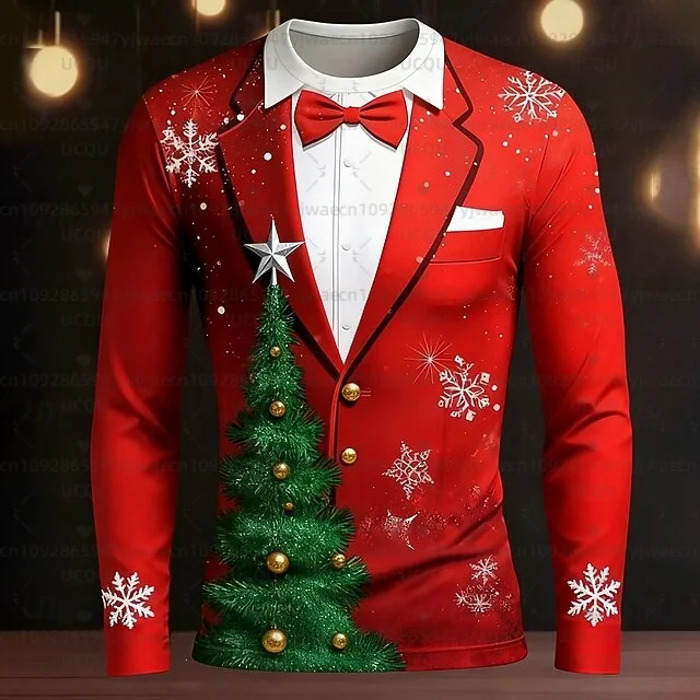 

Christmas Men's Women's 3D Tuxedo Print Long Sleeve T-Shirt Festive Clothing Round Neck Holiday Gift Buyers