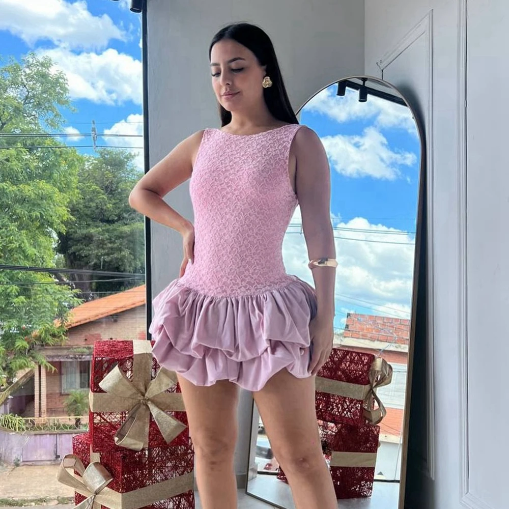 Süßes Spitzen-Sommerkleid für Damen, Ärmelloses Rüschenkleid aus Satin für Abschlussball und Party, Lässiges Modisches Puffärmel-Cocktailkleid aus Taft