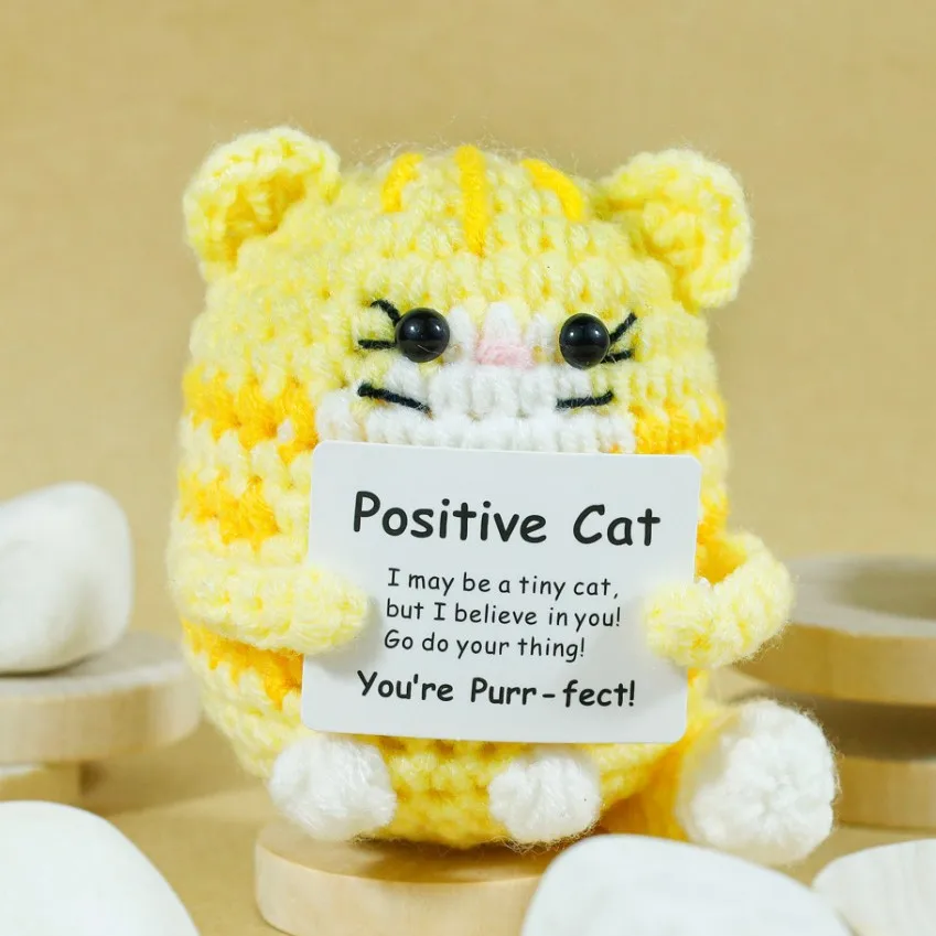 Funny Crochet Positive Cat Doll With Card Home Room Decoration Handmade Knitted Cat Christmas Doll Ornament Christmas Party Gift - view 4