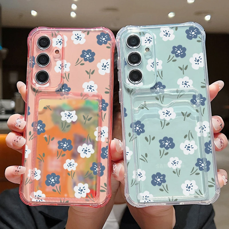 Card Bag Wallet Case For Samsung Galaxy S25 S24 S22 Ultra S23 FE A55 A35 A25 A15 A16 5G A06 Blue White Flowers TPU Phone Cover