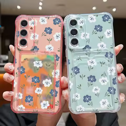 Card Bag Wallet Case For Samsung Galaxy S25 Edge S24 S22 Ultra S23 FE A56 A55 A25 A15 A16 5G Blue White Flowers TPU Phone Cover