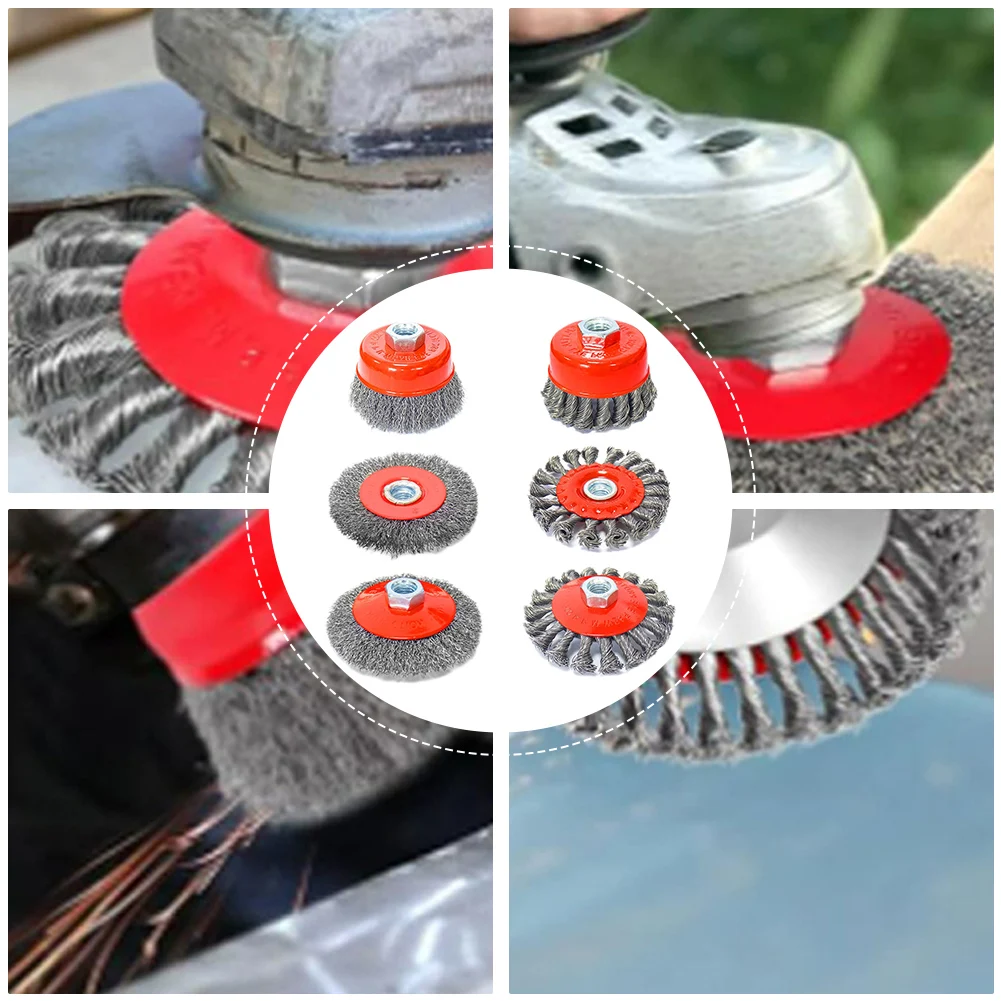 6Pcs 75/100mm Twisted Steel Wire Wheel M14- Steel Wire Cup Brush For Angle Grinder Paint Removal Rotary Tool Abrasive Tool
