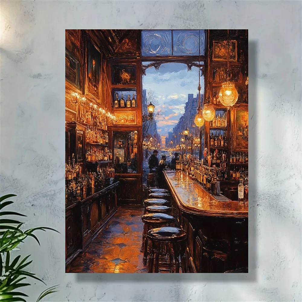 (No frame)2D Flat, 2D Flat, 2D Flat 12X16 Inch Vintage Paris Bar Scene Canvas Wall Painting, with Frame - Vintage Bar Decorat