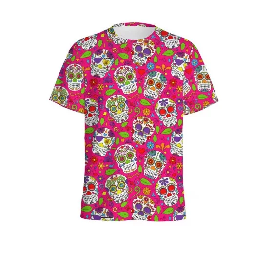 Men Hot Pink Sugar Skull Floral 3D Print T‑Shirt Mexican Day Of The Dead Colorful Skeleton O‑Neck Short Sleeve Casual
